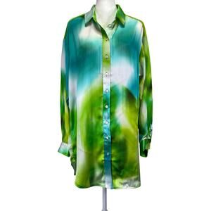 ALEMBIKA Watercolor Button Front Chiffon Tunic Azure Green Womens XS Art to Wear